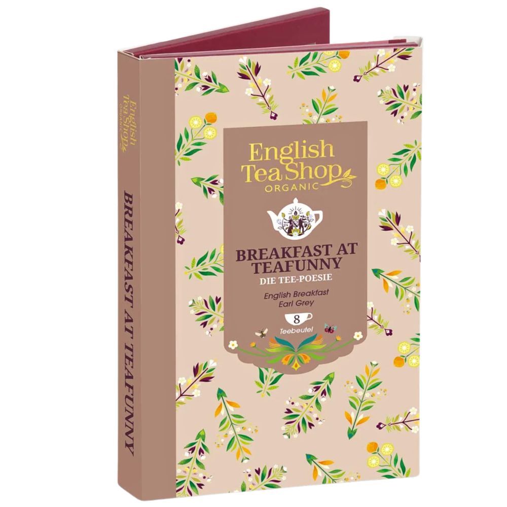 Buchförmige Teebox mit floralem Muster. Aufschrift: English Tea Shop, Breakfast at Teafunny, 8 Teebeutel.