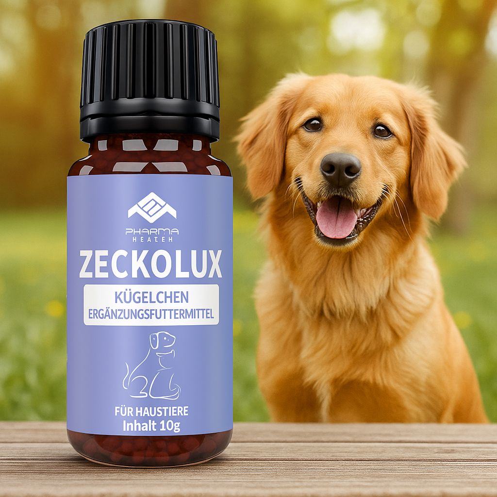 Braune Glasflasche mit schwarzem Deckel neben einem Golden Retriever. Auf dem Etikett steht "Pharma Health Zeckolux Kügelchen für Haustiere".