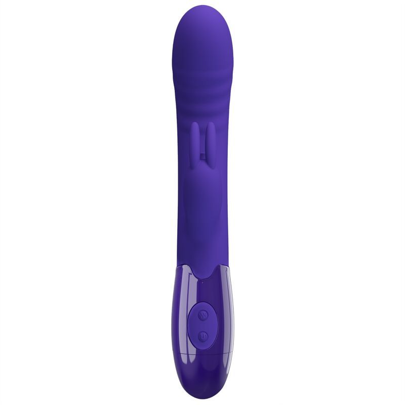 Violett farbiger Vibrator. Längliche Form mit geriffelter Oberfläche. Zwei Knöpfe am unteren Ende. Vertikale Ansicht.