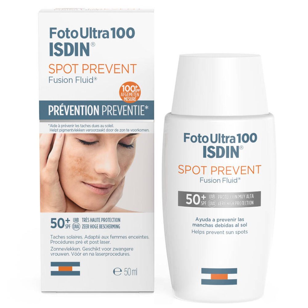 Produktverpackung und Flasche. ISDIN FotoUltra 100 Spot Prevent Fusion Fluid. SPF 50+. Hilft, Sonnenflecken vorzubeugen. Box mit Gesicht.