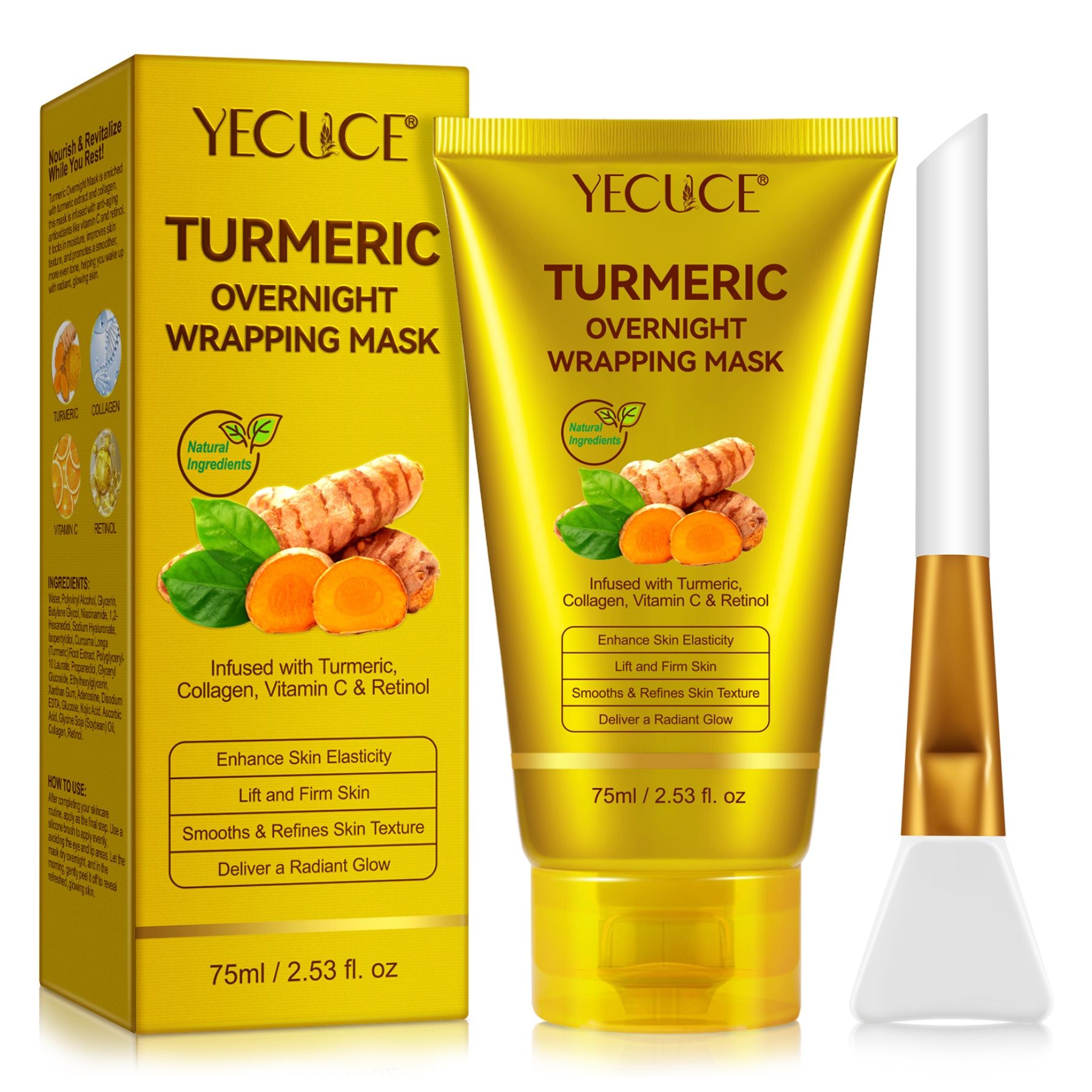 Gelbe Tube und Schachtel mit Aufschrift "Turmeric Overnight Wrapping Mask". Enthält einen Spatel.