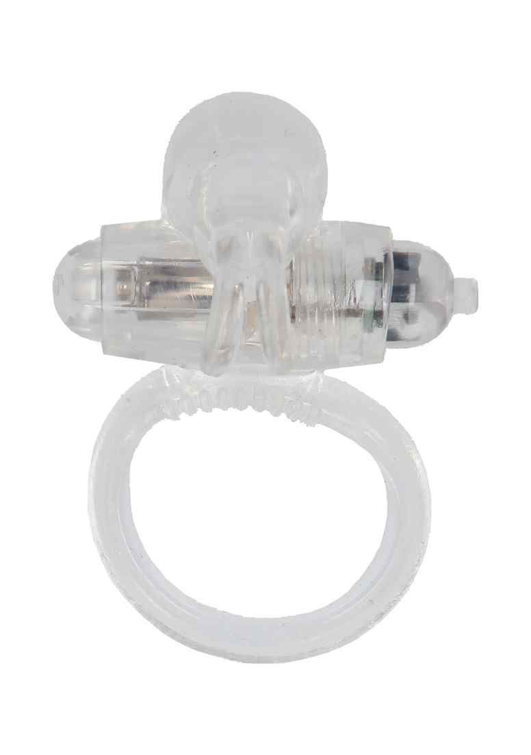 Transparenter Cockring mit Vibrationsfunktion. Ringförmiger Teil und zylindrischer Vibrator. Aus transparentem Material.
