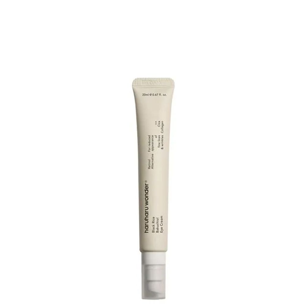 Haruharu WONDER Black Rice Bakuchiol Augencreme Tube, isoliert auf weißem Hintergrund. Klare Produktansicht.