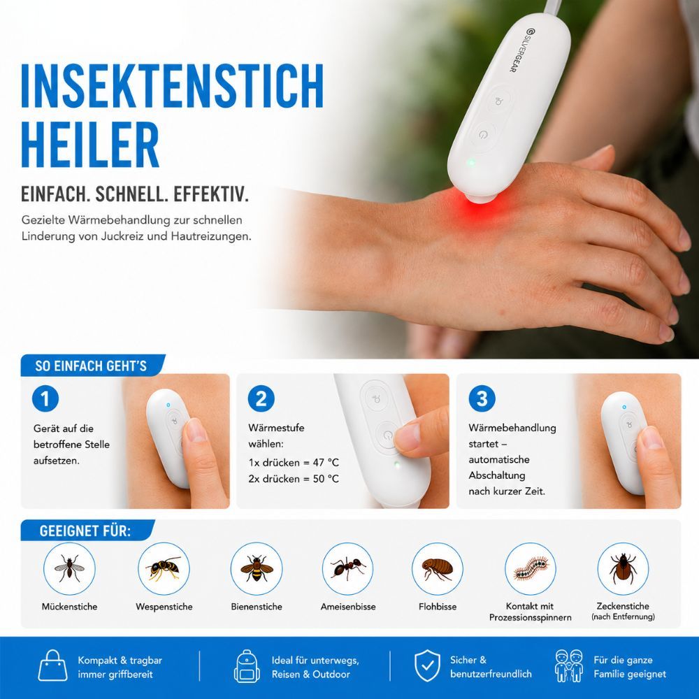 Silvergear Insektenstichheiler: Weißes Gerät mit roter Wärmefunktion am Arm. Anleitungsschritte.