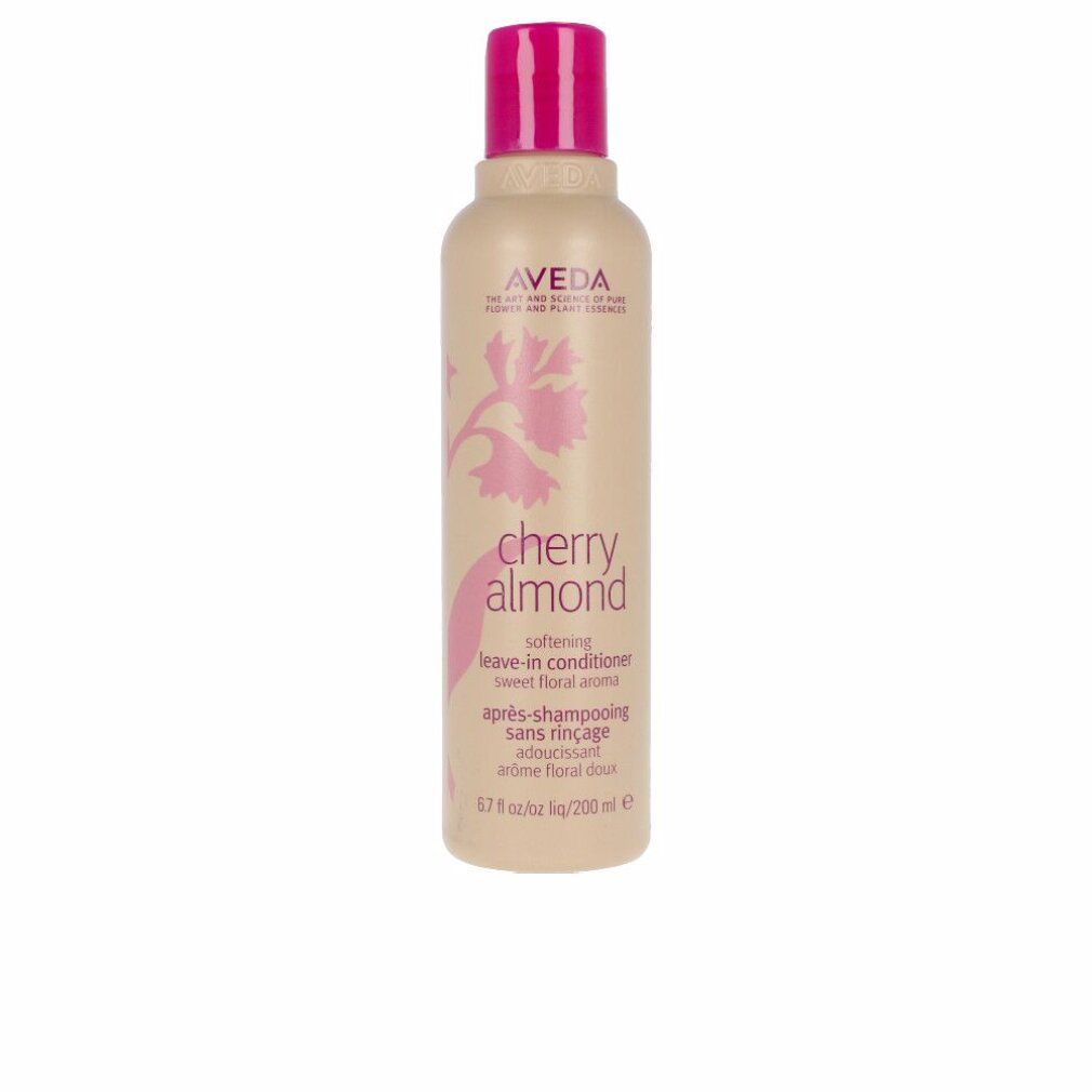 Beige Flasche mit pinkfarbenem Deckel. Aufschrift: Aveda, Cherry Almond, Leave-in Conditioner. Floral-Design.