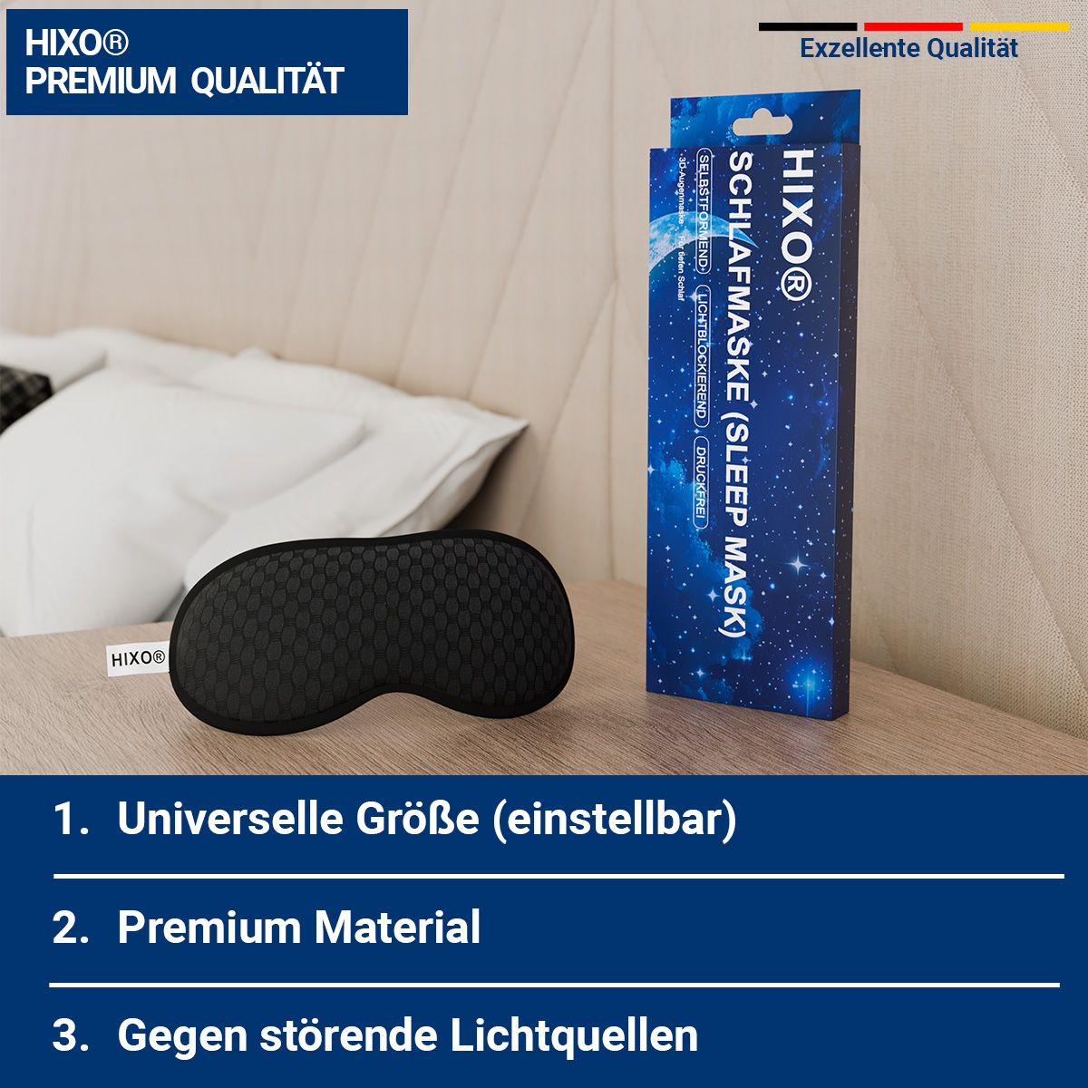 Schlafmaske, schwarz, neben Verpackung. Text: Premium Qualität. 1. Universelle Größe, 2. Premium Material, 3. Gegen störende Lichtquellen.