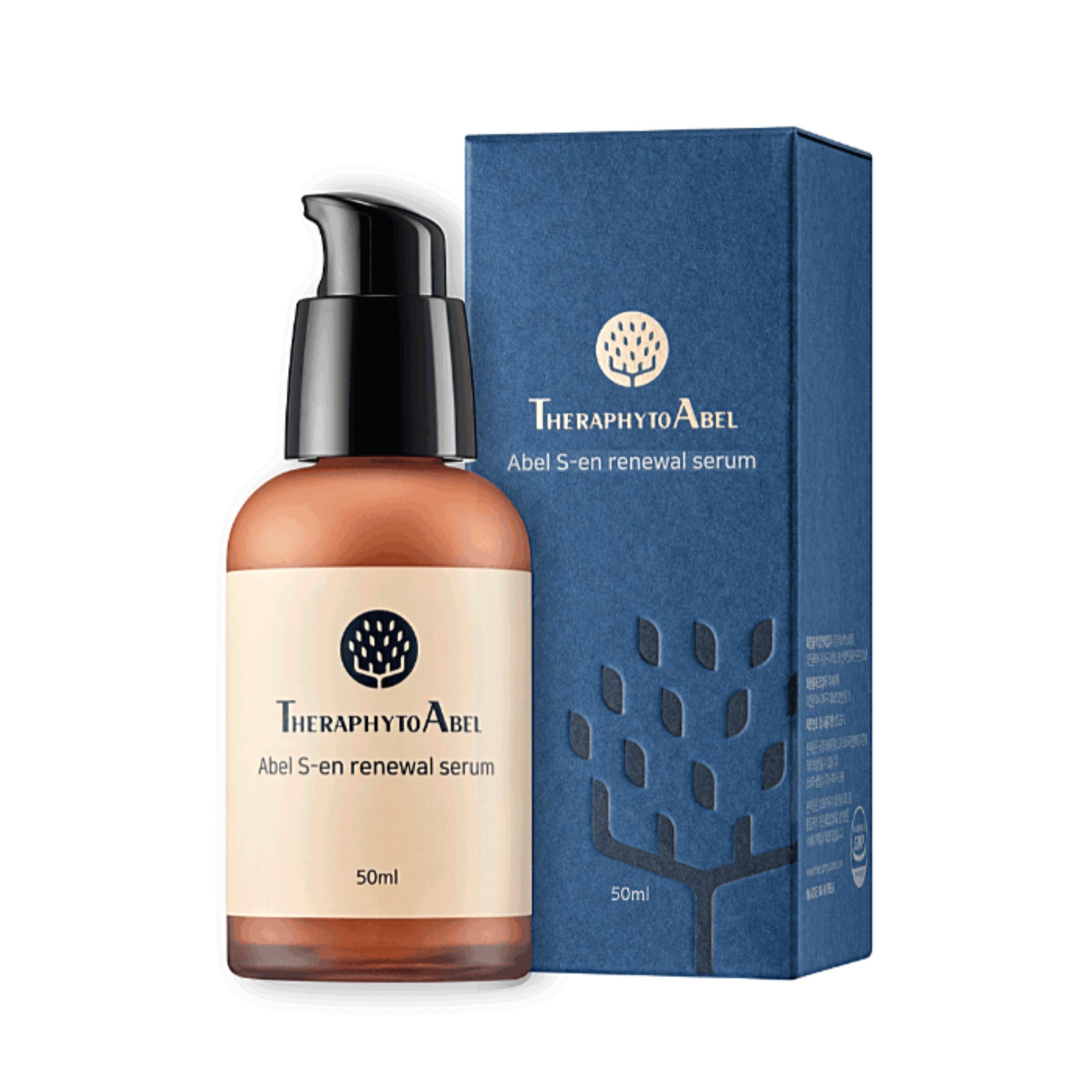 Braune Serumflasche mit schwarzem Pumpkopf und blauer Verpackung. Aufschrift: Theraphyto Abel, Abel S-en renewal serum, 50ml.