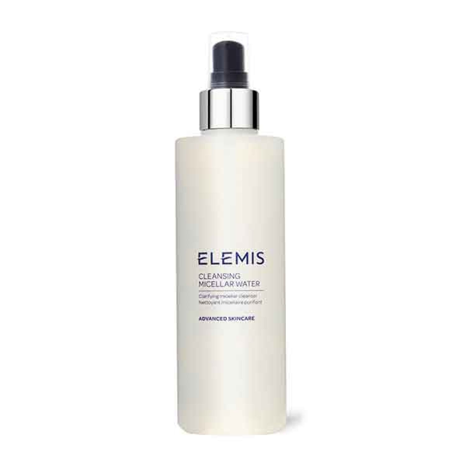 Eine zylindrische Flasche mit Sprühkopf. Auf der Flasche steht "Elemis Cleansing Micellar Water".