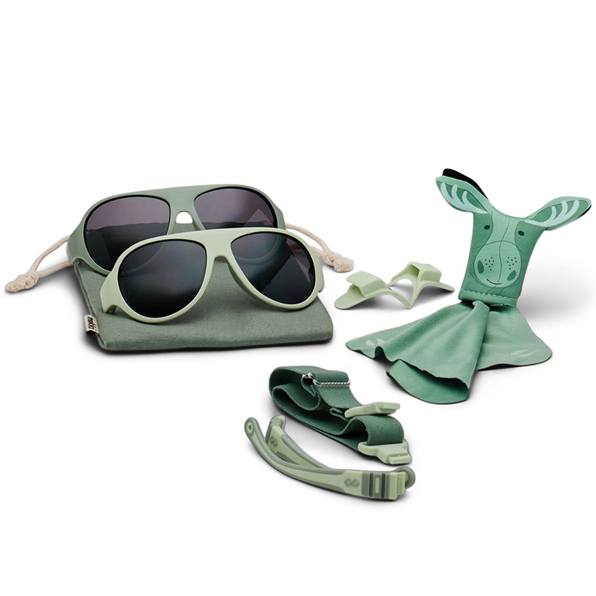 Sonnenbrillen-Set mit Brille, Brillenband, Bügeln, Putztuch und Aufbewahrungstasche.