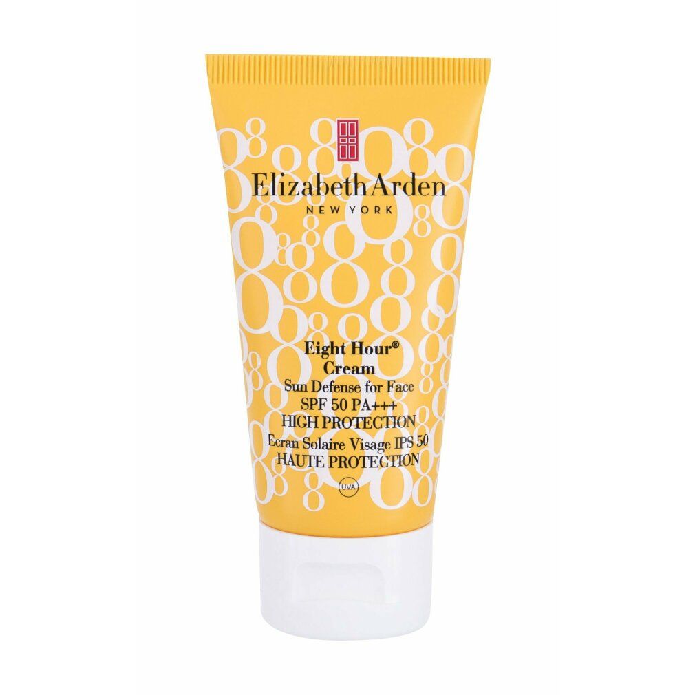 Gelbe Tube mit weißer Schrift. Produktname: Eight Hour Cream. Text: Sun Defense for Face SPF 50 PA+++. Hoher Sonnenschutz.