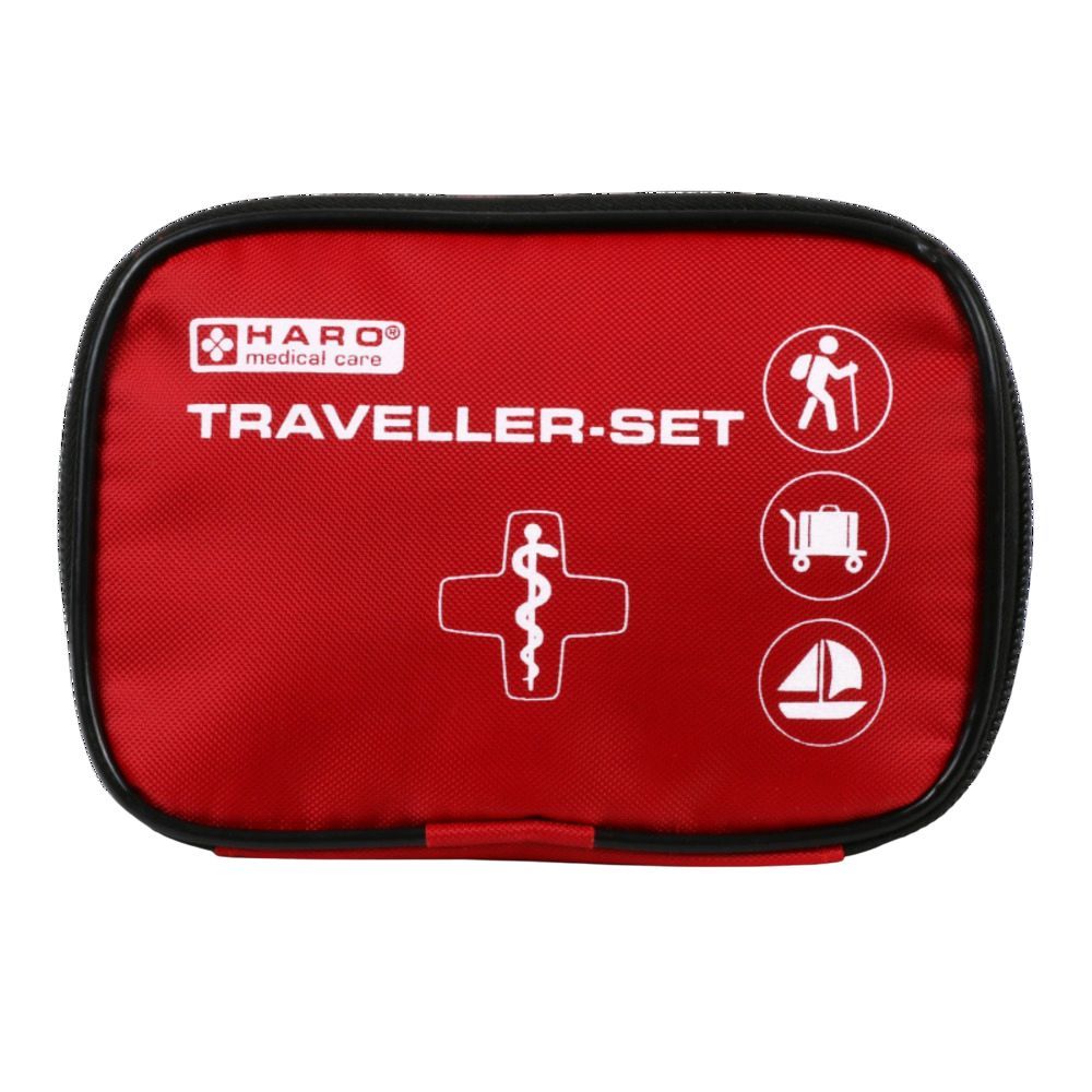 Trousse de premiers secours rouge avec fermeture éclair noire. Inscription : HARO medical care, Traveller-Set. Symboles : randonneur, valise, voilier.