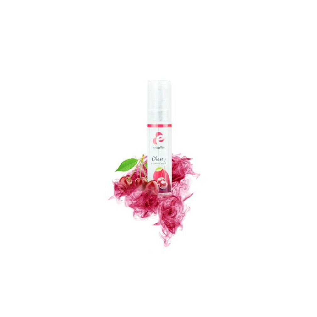 Transparente Flasche mit roter Banderole. Aufschrift: easyglide, Cherry Lubricant. Kirsch-Illustration. Rosa Rauch.