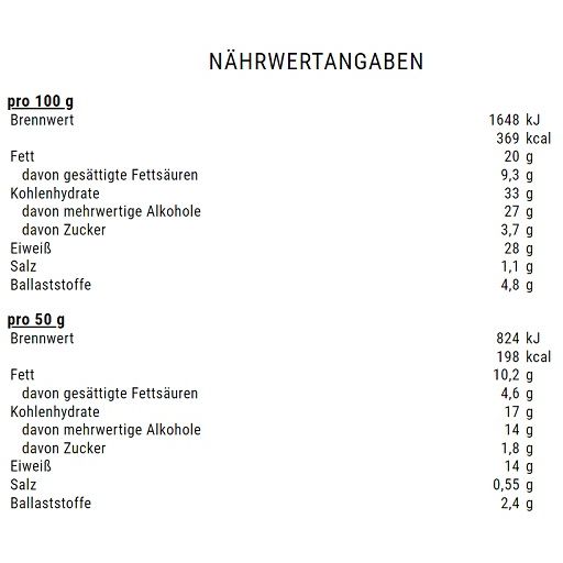 Nährwertangaben auf weißem Hintergrund. Angaben pro 100g und 50g: Brennwert, Fett, Kohlenhydrate, Zucker, Eiweiß, Salz, Ballaststoffe.