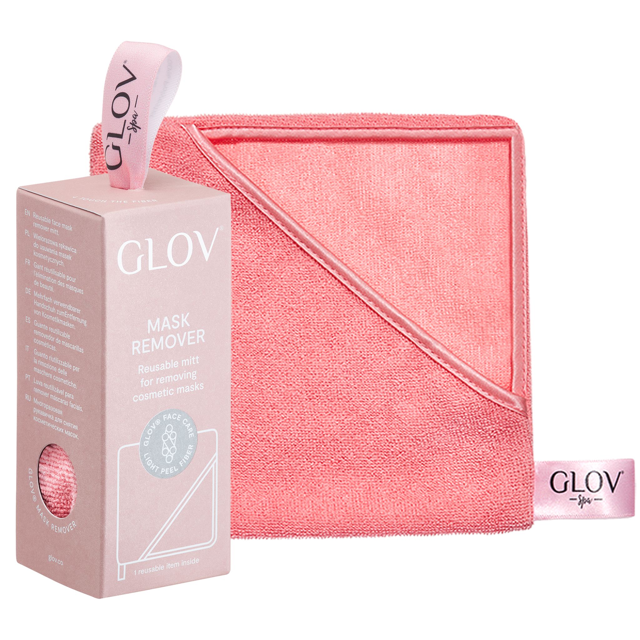 GLOW Mask Remover Verpackung mit rosa Tuch und Wattepad.