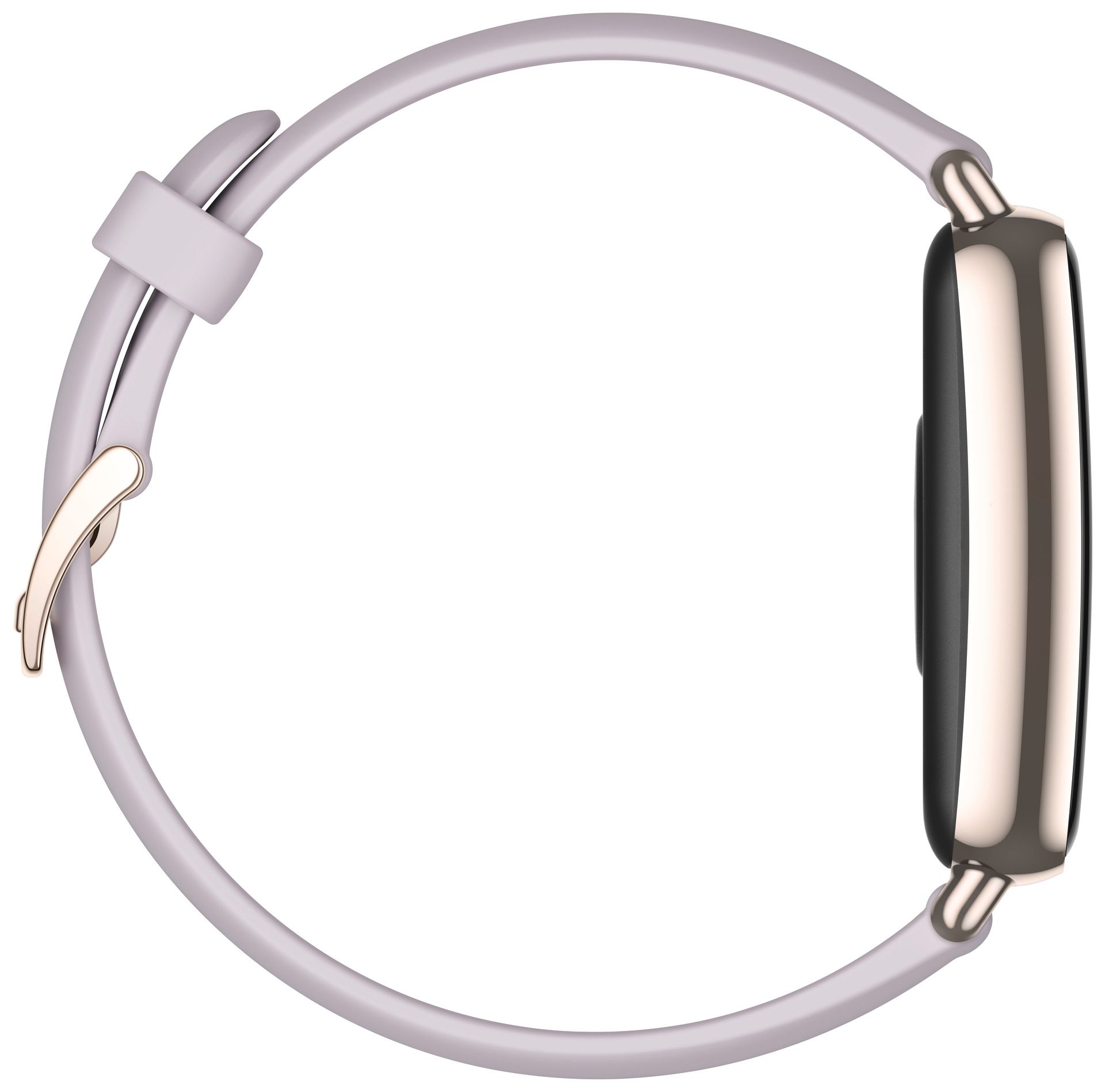 Smartwatch-Seitenansicht. Gehäuse goldfarben, Armband violett. Gehäuse mit abgerundeten Ecken.