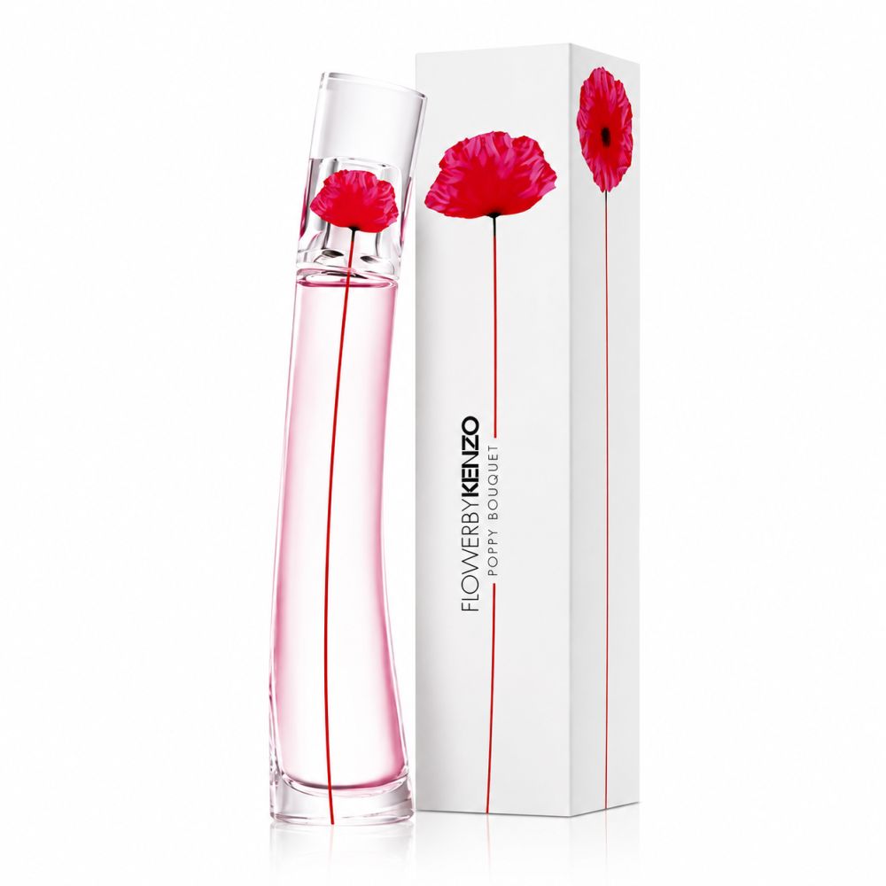 Eine Parfümflasche und ihre weiße Verpackung mit roten Mohnblumen-Motiven und Produktnamen.