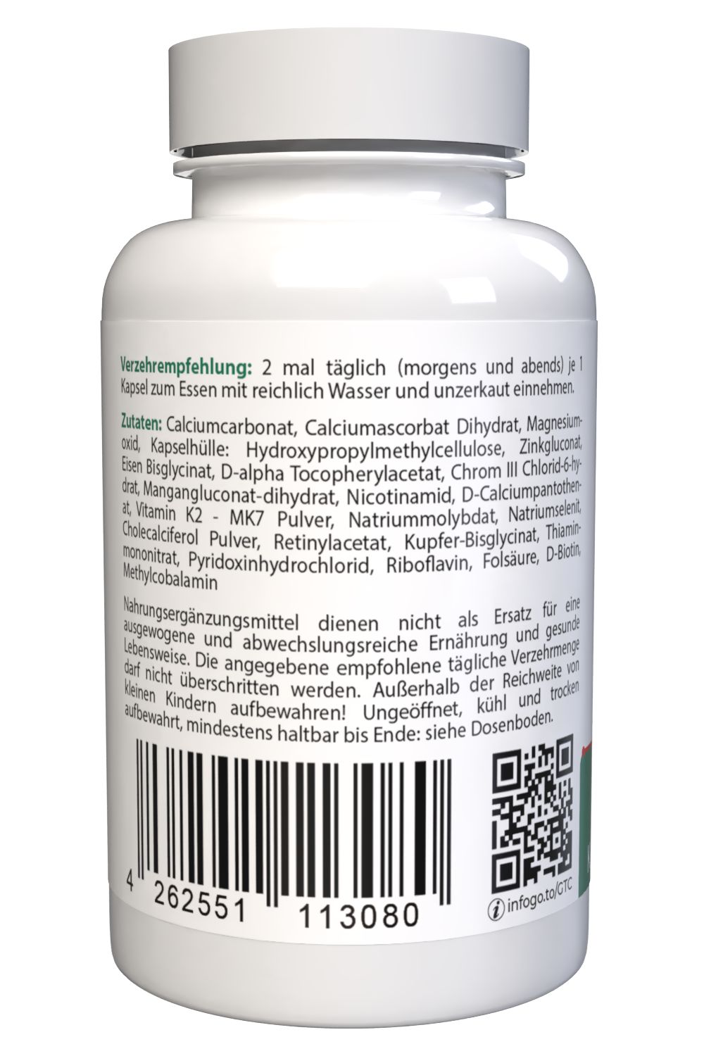 Flasche mit Nahrungsergänzungsmitteln, Rückseite mit Verzehrempfehlung und Zutatenliste.