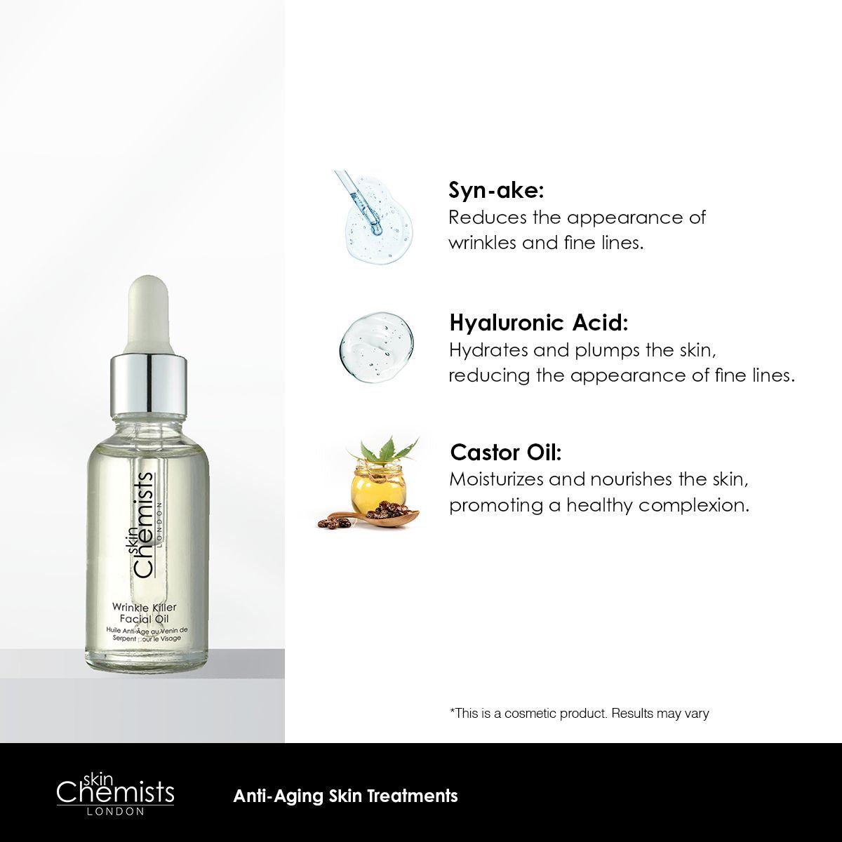 Flasche Gesichtsöl mit Inhaltsstoff-Illustrationen: Syn-ake, Hyaluronsäure, Rizinusöl. Produktname und Marke sichtbar.