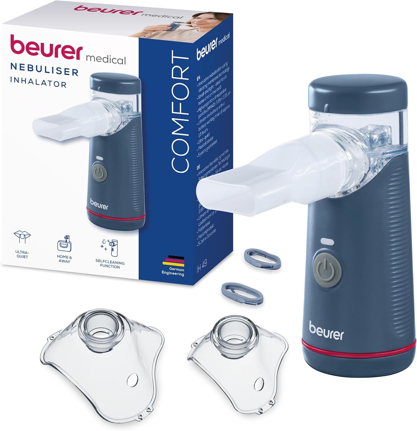 Inhalationsgerät mit Zubehör und Verpackung. Text: Beurer medical. Nebuliser Inhalator. German Engineering.