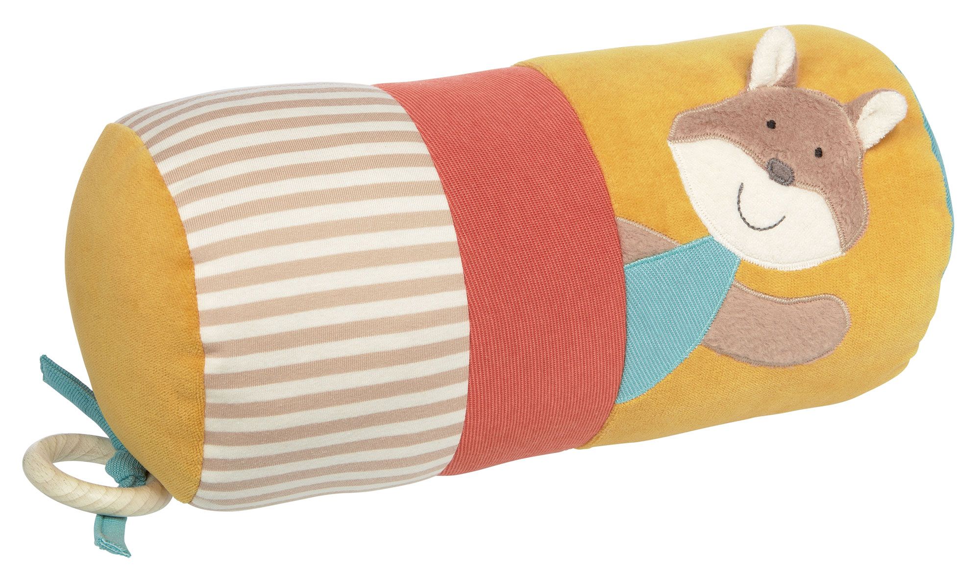 Zylindrisches Spielzeug mit Fuchs-Applikation. Gelb, rot und beige Stoffe. Holzring mit Band.