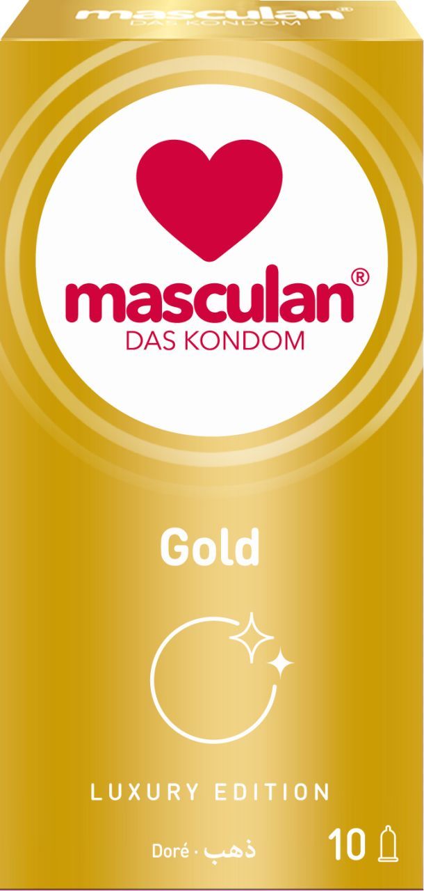Goldfarbene Verpackung mit rotem Herz und Schriftzug Masculan. Enthält 10 Kondome. Aufschrift: Gold, Luxury Edition.