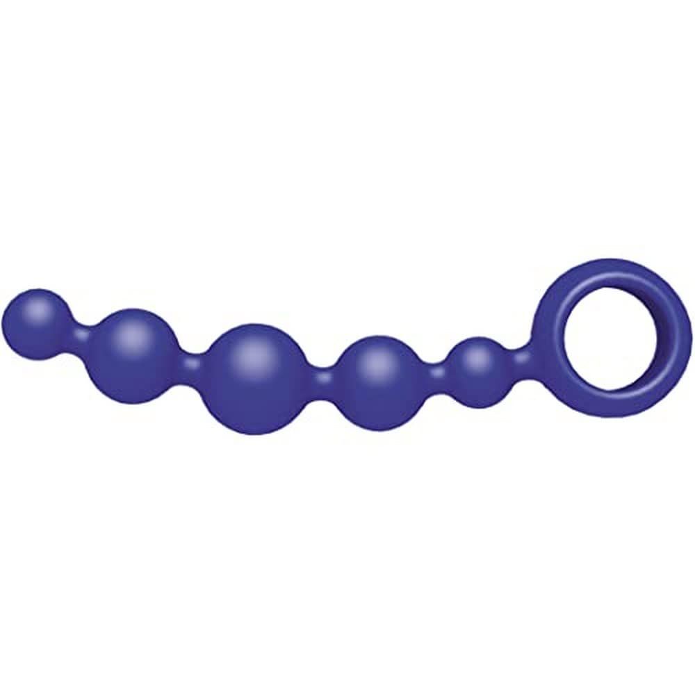 Blaue Perlenkette mit 5 Kugeln und einem Ring am Ende.