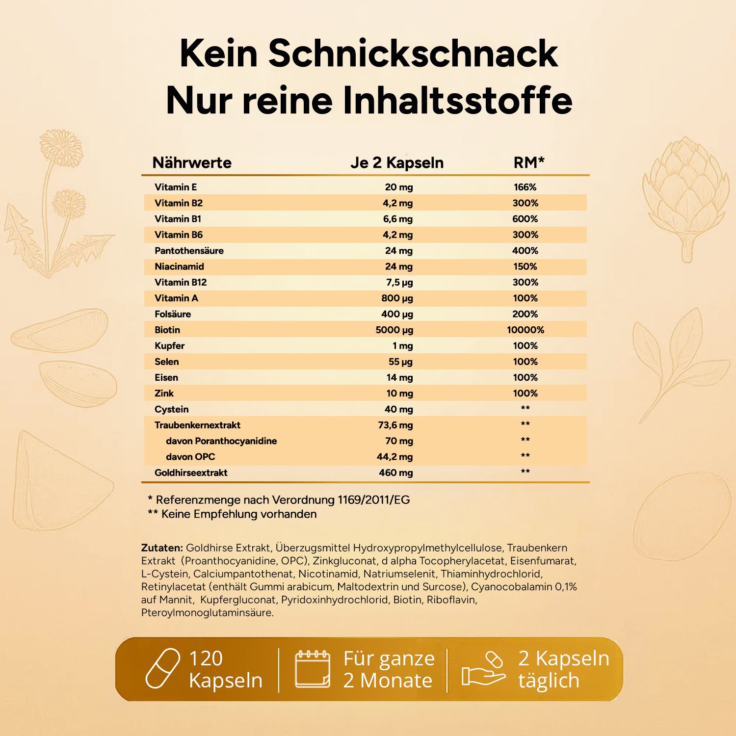 Nährwerttabelle mit Vitaminen und Mineralstoffen. Aufschrift: 120 Kapseln, Für 2 Monate, 2 Kapseln täglich.