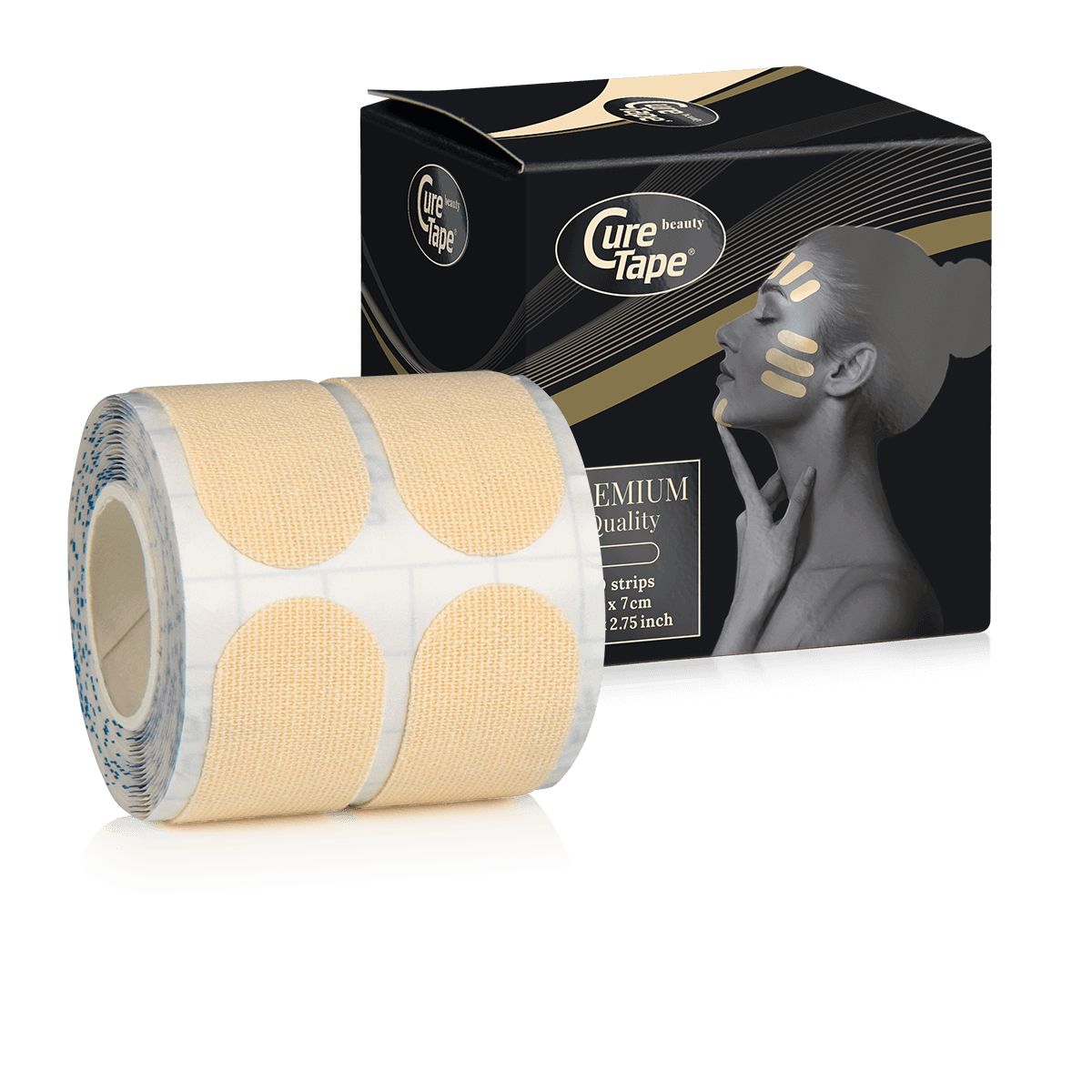 Rolle mit vorgeschnittenen, beigefarbenen Beauty-Tapes. Aufkleber mit abgerundeten Ecken. Schwarze Verpackung mit Produktlogo und Frauengesicht.