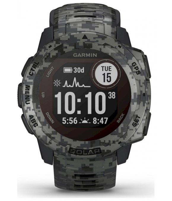 Garmin Instinct Solar Smartwatch. Camouflage-Design. Digitalanzeige mit Uhrzeit, Datum und Batteriestatus. Solar-Logo.