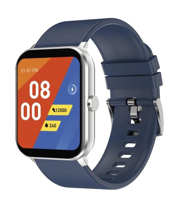 Smartwatch mit blauem Armband und silbernem Gehäuse. Das Display zeigt Uhrzeit, Datum und Aktivitätsdaten. Quadratisches Design.
