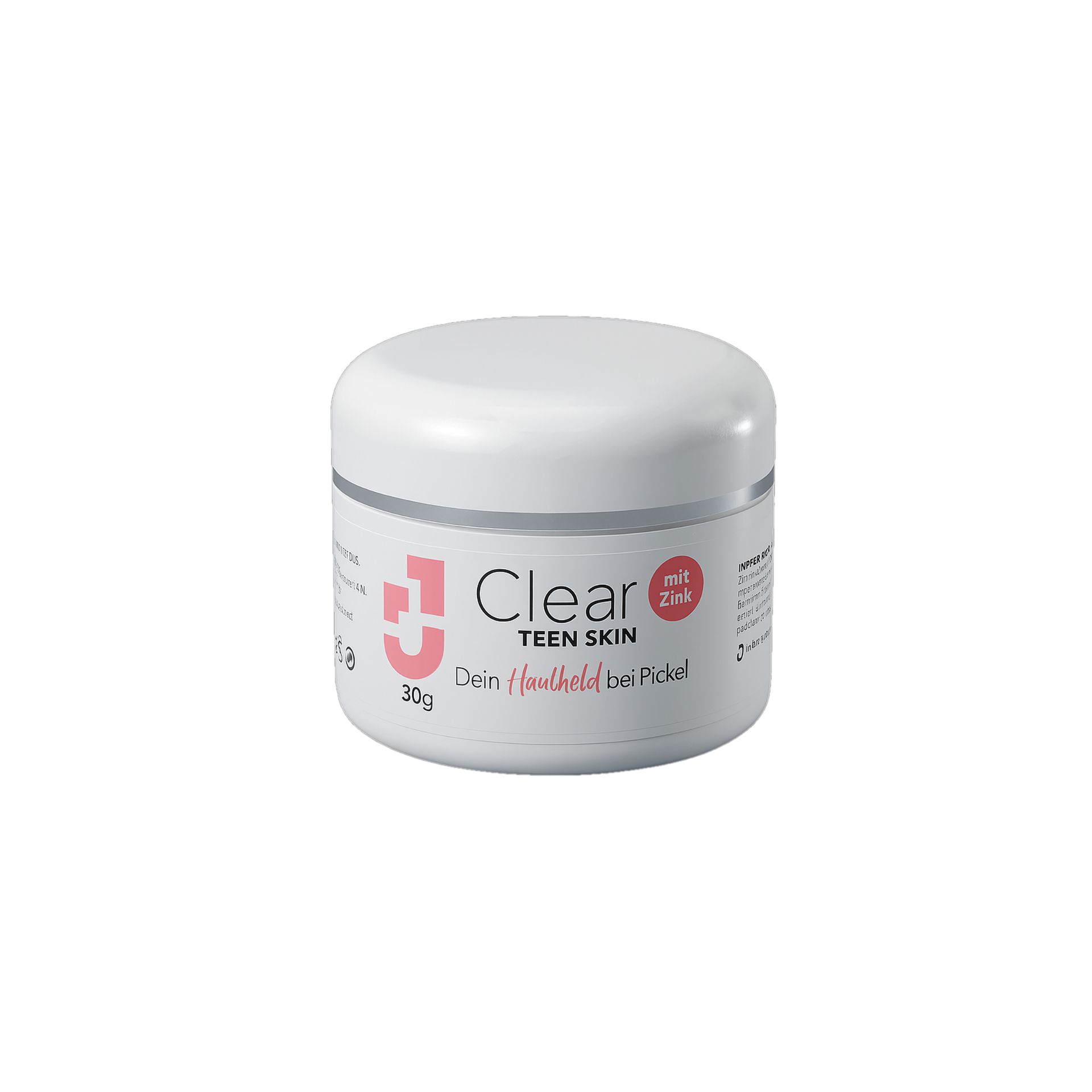 Weißer Tiegel mit Produkt. Aufschrift: Clear TEEN SKIN, mit Zink. Dein Hautheld bei Pickel. 30g.