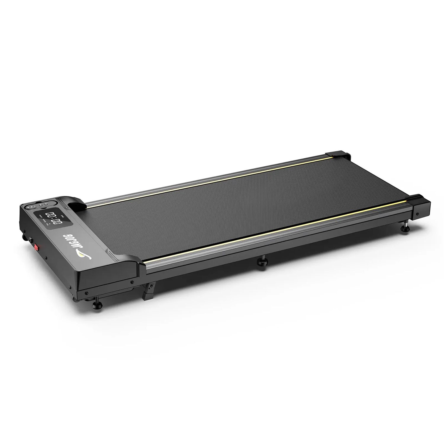 Schwarzes Laufband mit LED-Display. Flaches Design, rechteckige Form. Graue Akzente.