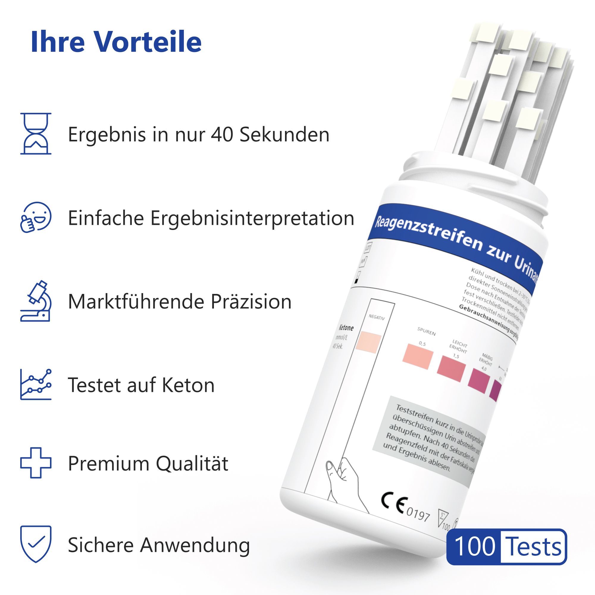 Behälter mit Teststreifen. Aufschrift: Reagenzstreifen zur Urinanalyse, 100 Tests. Vorteile: Ergebnis in 40 Sekunden, einfache Interpretation.