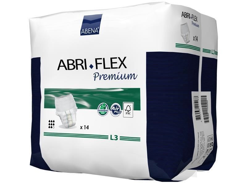 Verpackung Abena Abri-Flex Premium L3. Weißer Beutel mit blauen Akzenten. Aufschrift: ABRI-FLEX Premium, L3, Air Plus, x14.