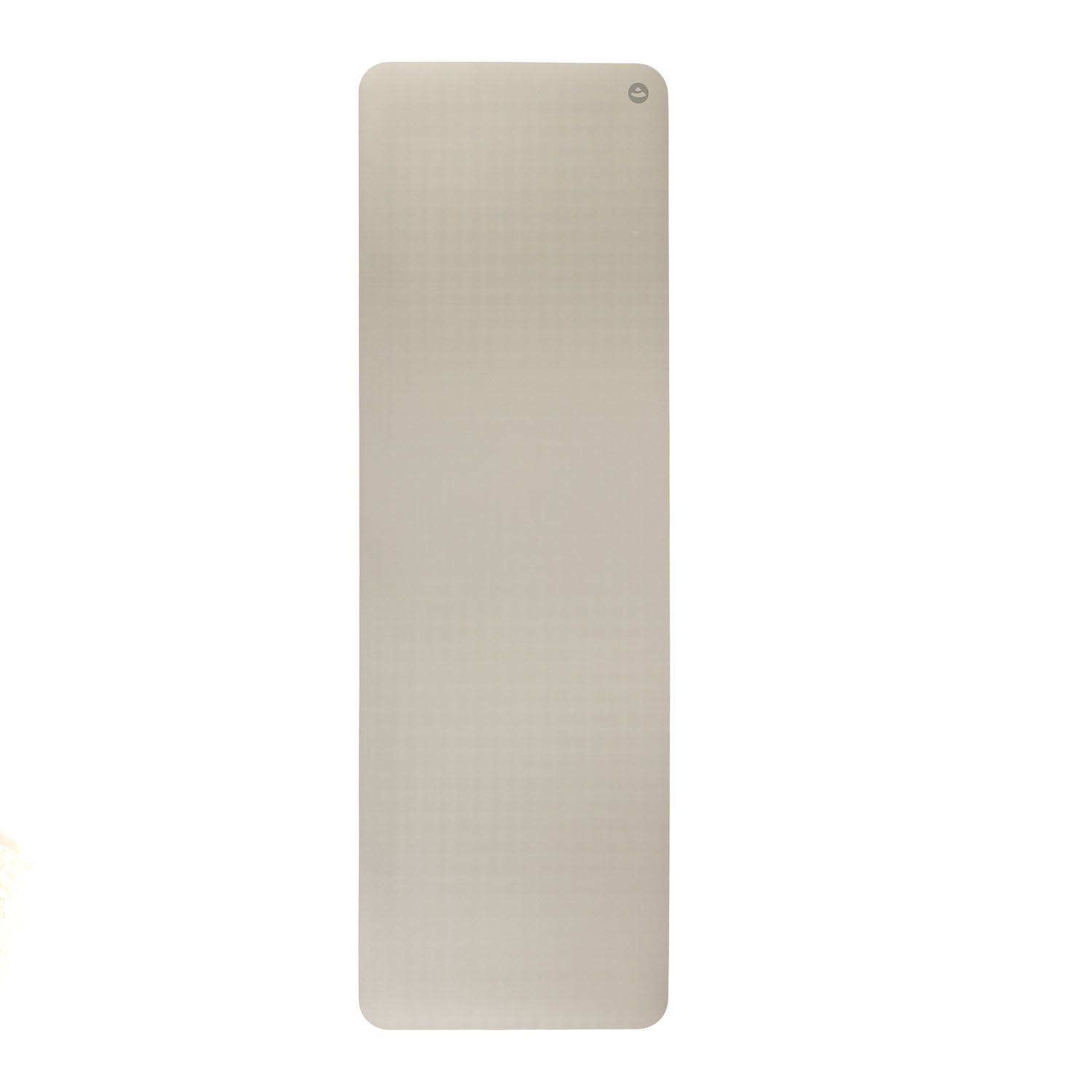 Graue Yogamatte, rechteckig mit abgerundeten Ecken. Logo. Naturkautschuk. Für Yoga und Fitness.