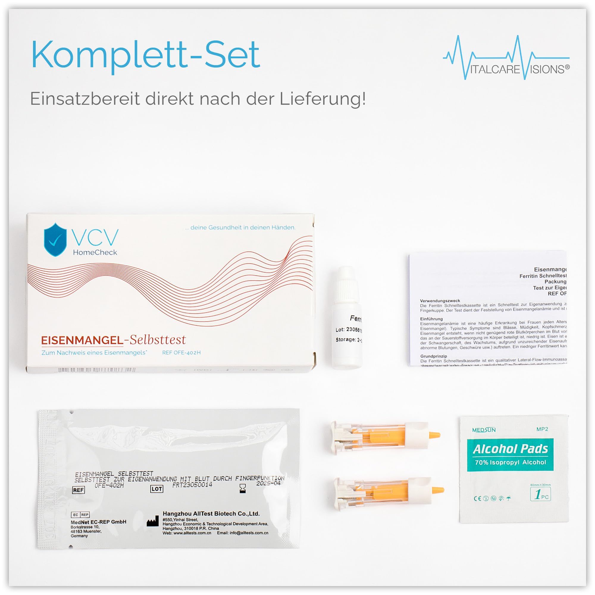 Komplett-Set mit Testkit, Fläschchen, Teststreifen, Alkoholtupfer und Anweisungen. VCV HomeCheck Logo.
