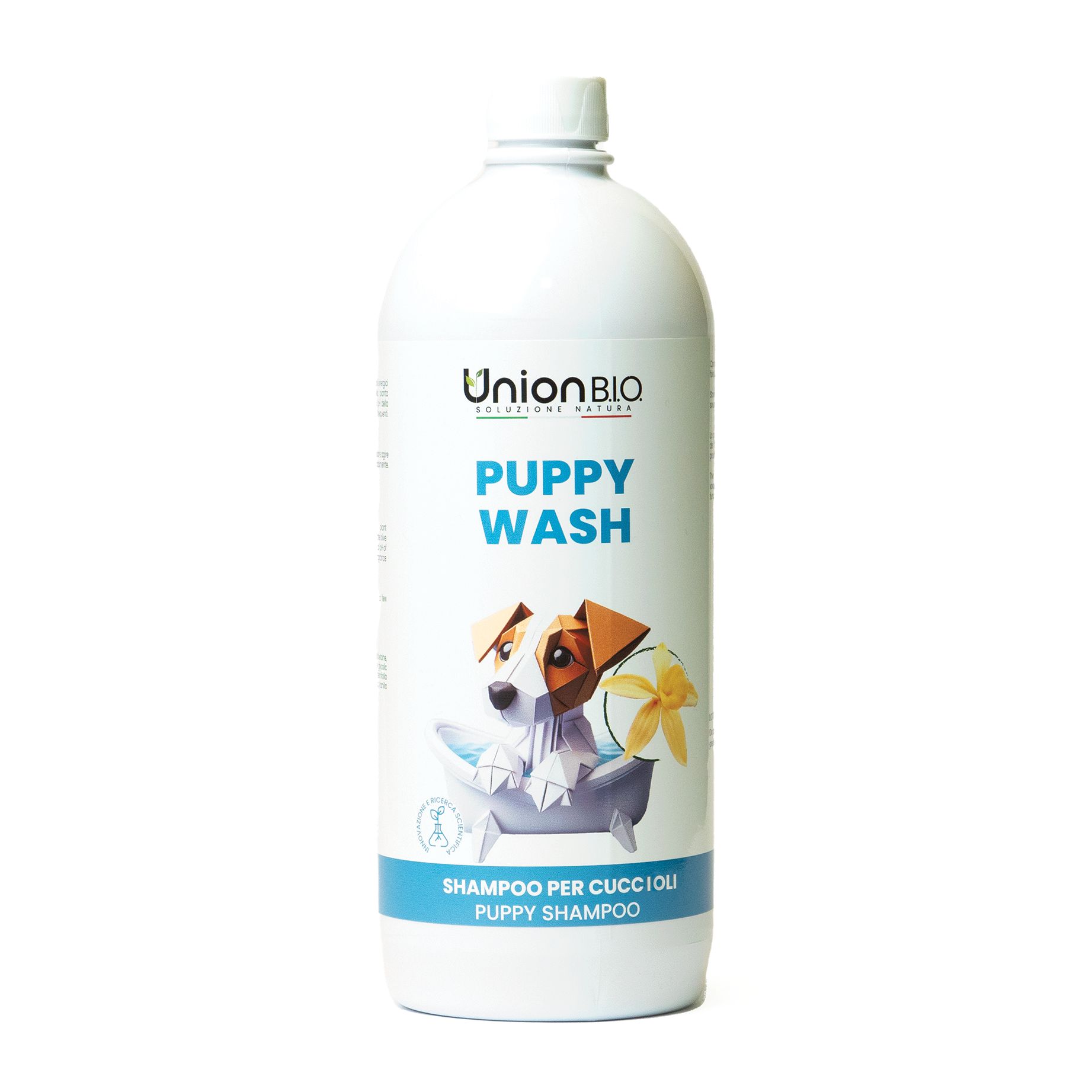 Weiße Flasche mit Union B.I.O. Logo und "PUPPY WASH" Schriftzug. Abbildung eines Hundes in einer Badewanne. Text: Shampoo per cuccioli/Puppy Shampoo.