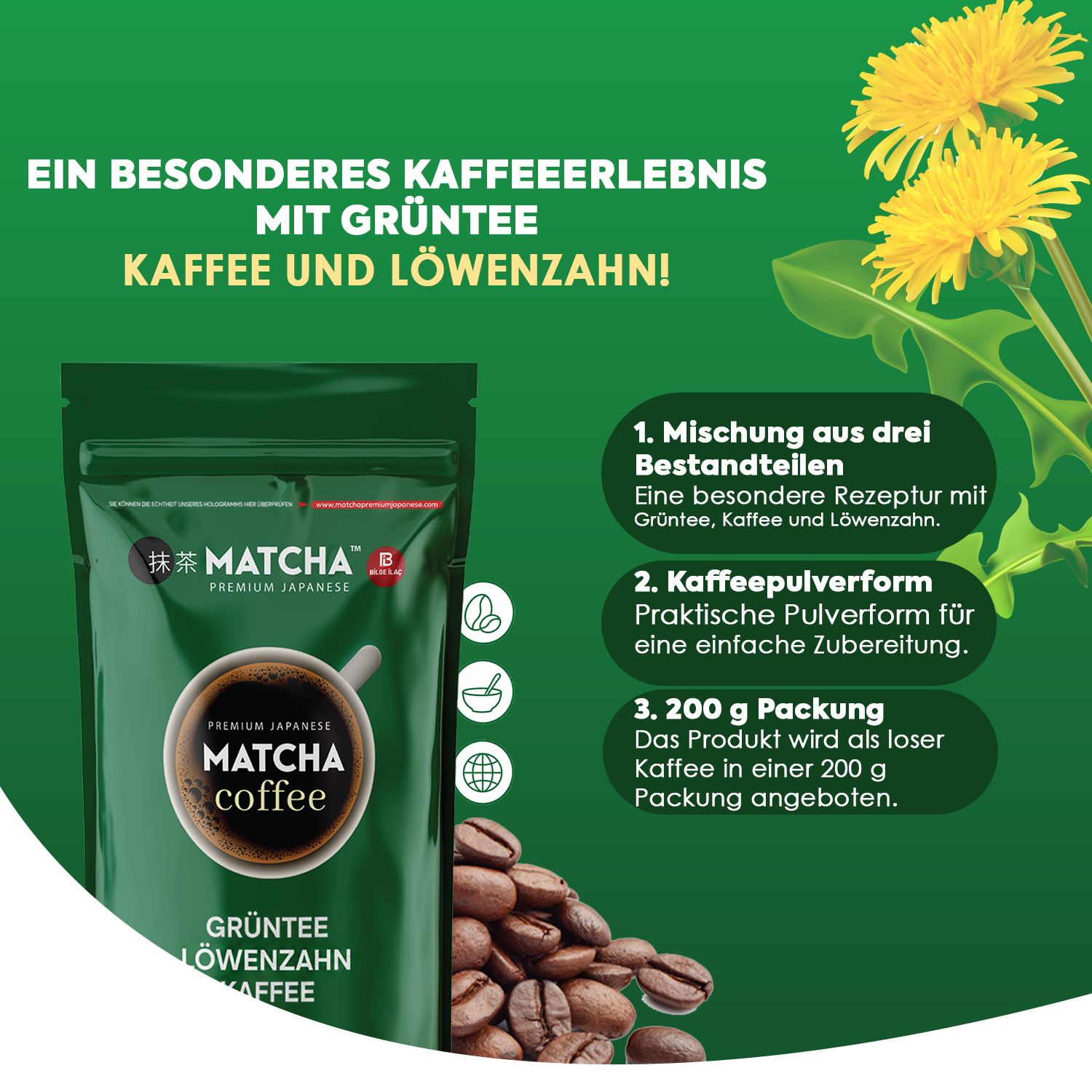 Premium Japanese Matcha Kaffee mit Grüntee & Löwenzahn