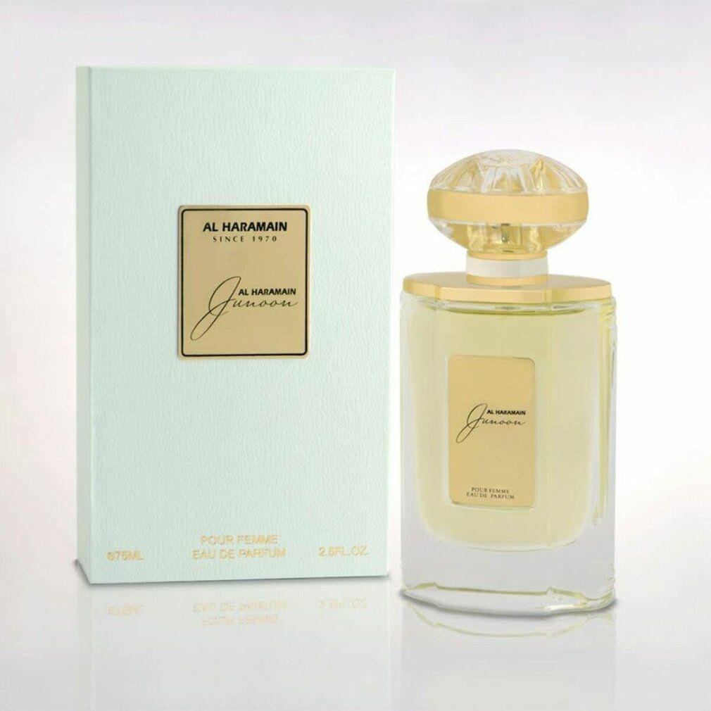 Hellgrüne Schachtel und Parfumflakon. Flakon mit goldfarbenem Verschluss und Etikett. Aufschrift "AL HARAMAIN" und "Junoon".