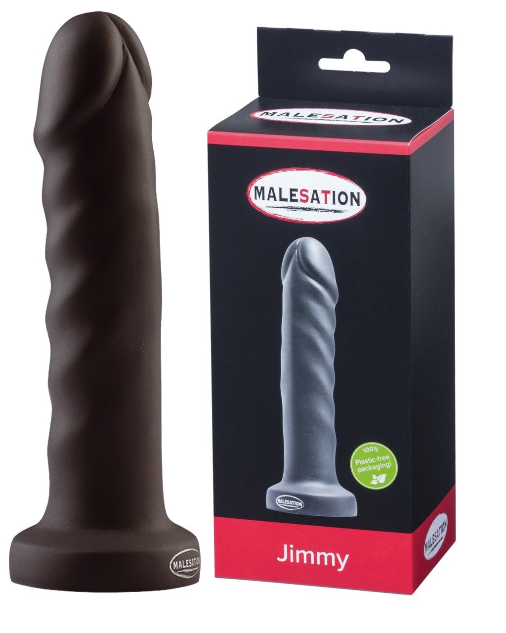 Brauner Dildo, neben Verpackung. Verpackung mit Produktabbildung und Schriftzug MALESATION Jimmy. Produktname Jimmy.