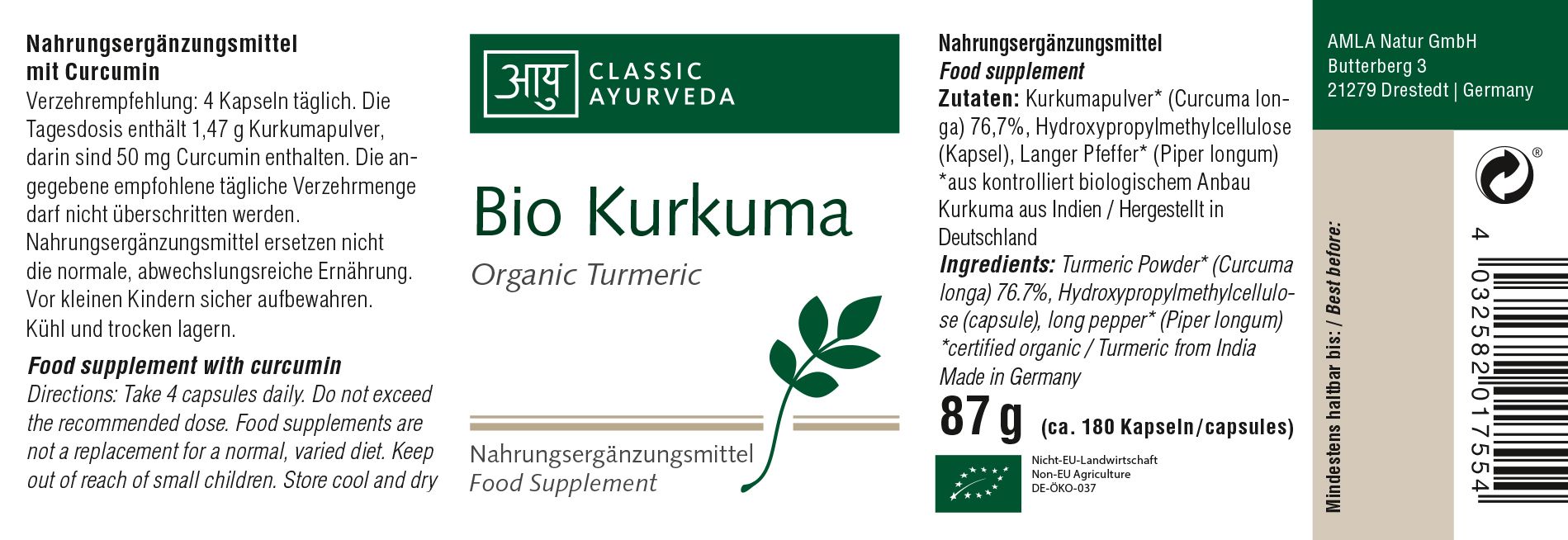 Etikett mit Text: Bio Kurkuma, Classic Ayurveda. Enthält Informationen zu Inhaltsstoffen und Dosierung.