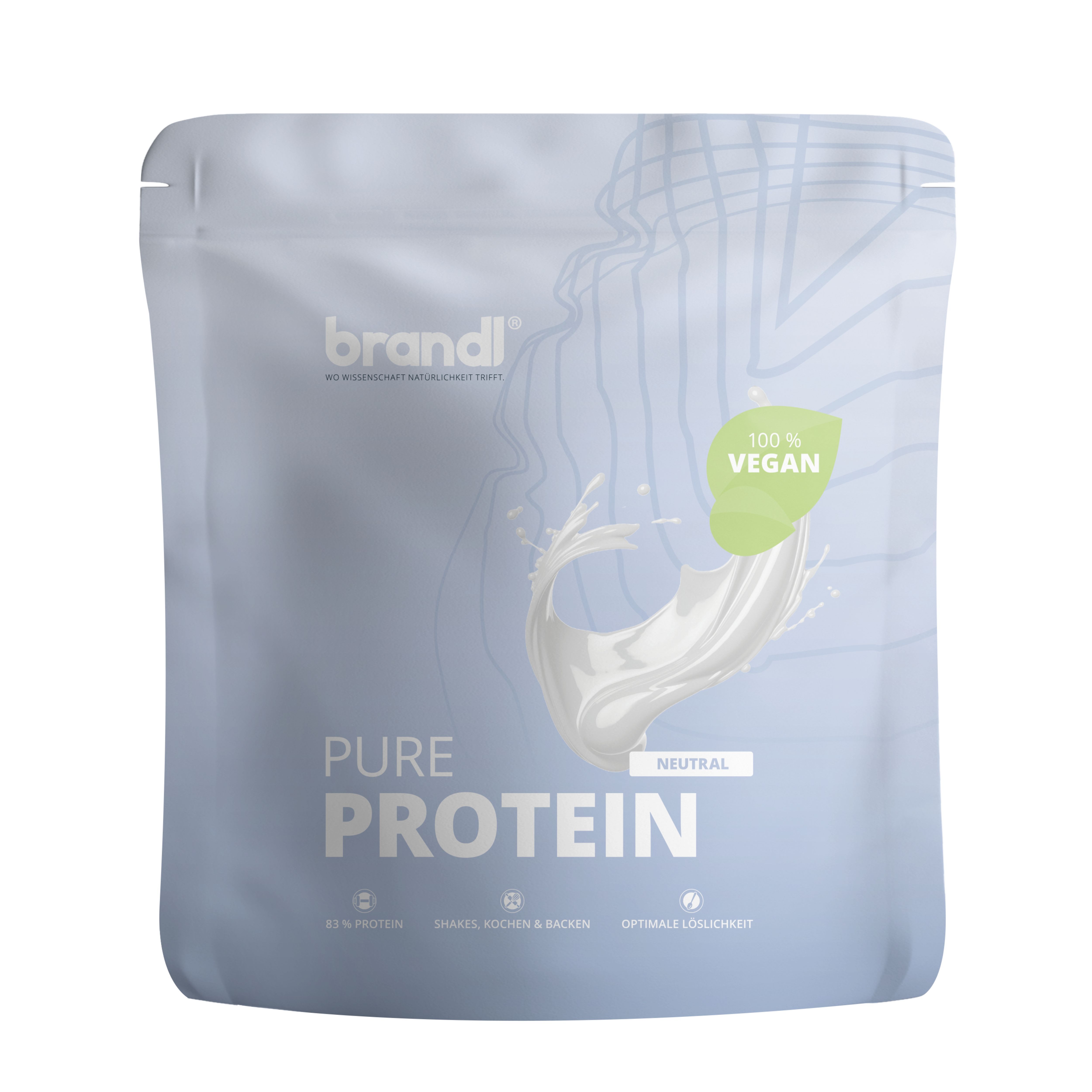Hellgraue Verpackung mit 'brandl' und 'PURE PROTEIN' Schriftzug. Vegan-Siegel und Milch-Spritzer-Grafik.
