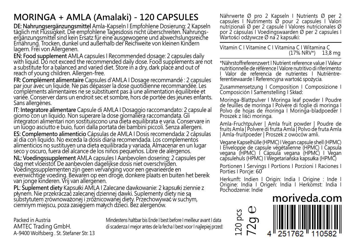 Rückseite der Moringa+Amla Kapseln Verpackung. Text in mehreren Sprachen. Informationen zu Inhaltsstoffen und Nährwerten.