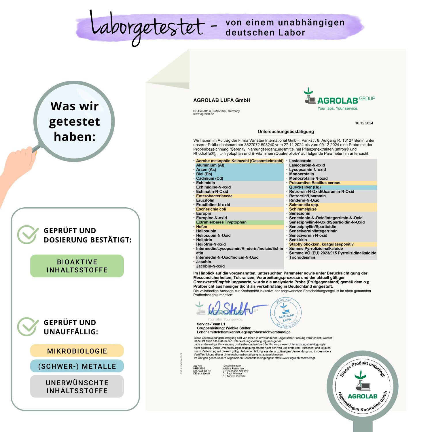 Zertifizierungsbericht von Agrolab. Bestätigt die Qualität und Sicherheit des Produkts. Mit Logo und Unterschrift.