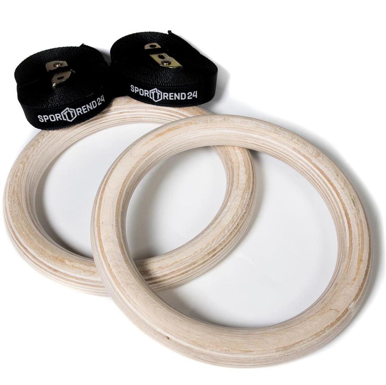 Zwei Holzringe und zwei schwarze Bänder mit Sporttrend24-Logo. Die Ringe sind hell und rund.