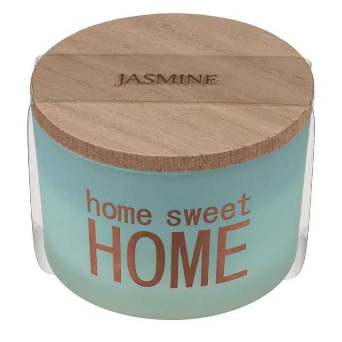 Bougie parfumée turquoise avec couvercle en bois. Inscription "home sweet HOME". Couvercle avec "JASMINE".