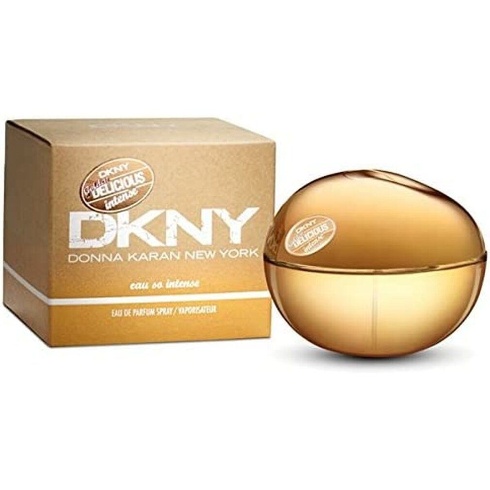 Parfümflakon und Verpackung. Flakon goldfarben, rund. Verpackung braun mit goldfarbenem Schriftzug DKNY Delicious Intense.