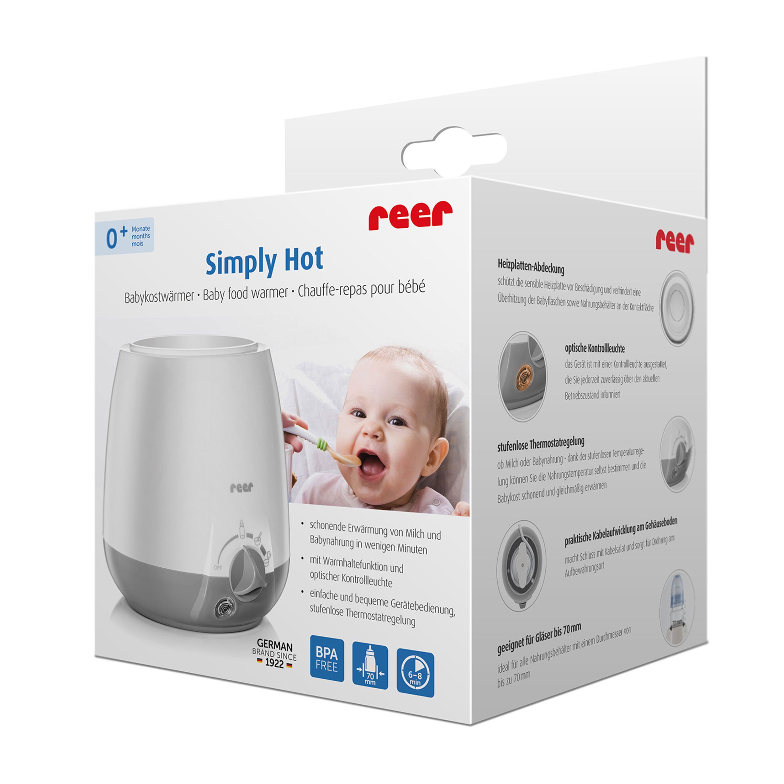 Verpackung des Babykostwärmers. Produktname: Simply Hot. Marke: reer. Abbildungen des Produkts und eines Babys.