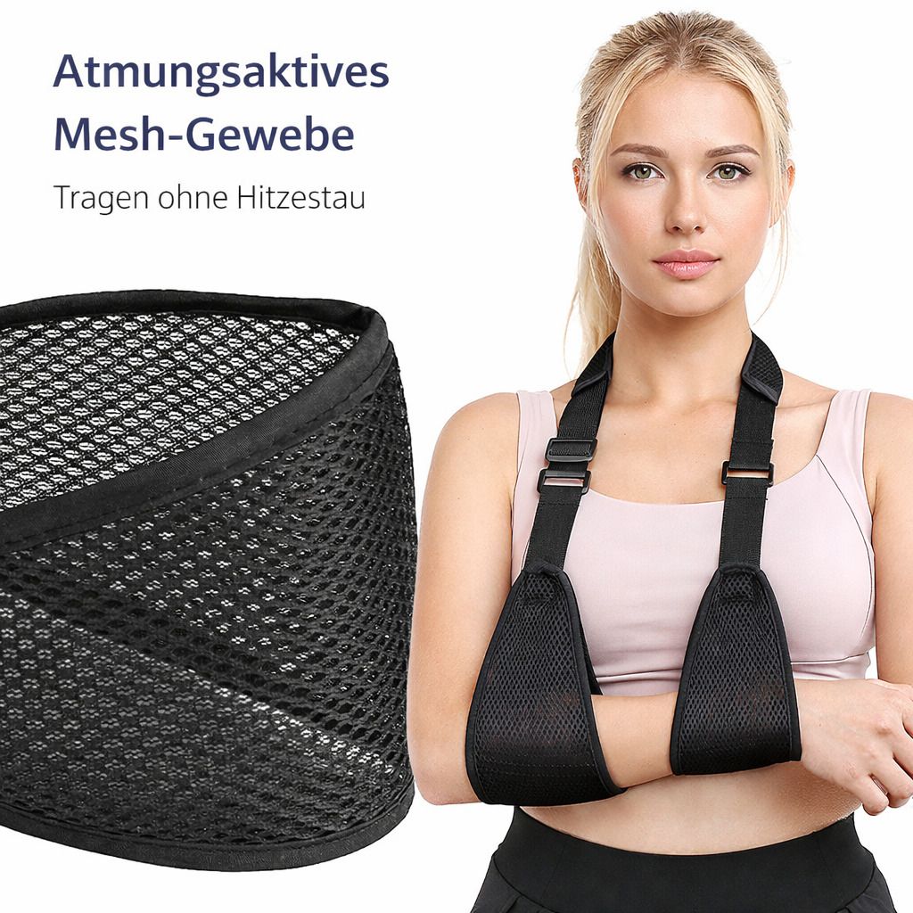 Nahaufnahme einer schwarzen Armschlinge. Atmungsaktives Mesh-Gewebe. Text: Atmungsaktives Mesh-Gewebe, Tragen ohne Hitzestau.