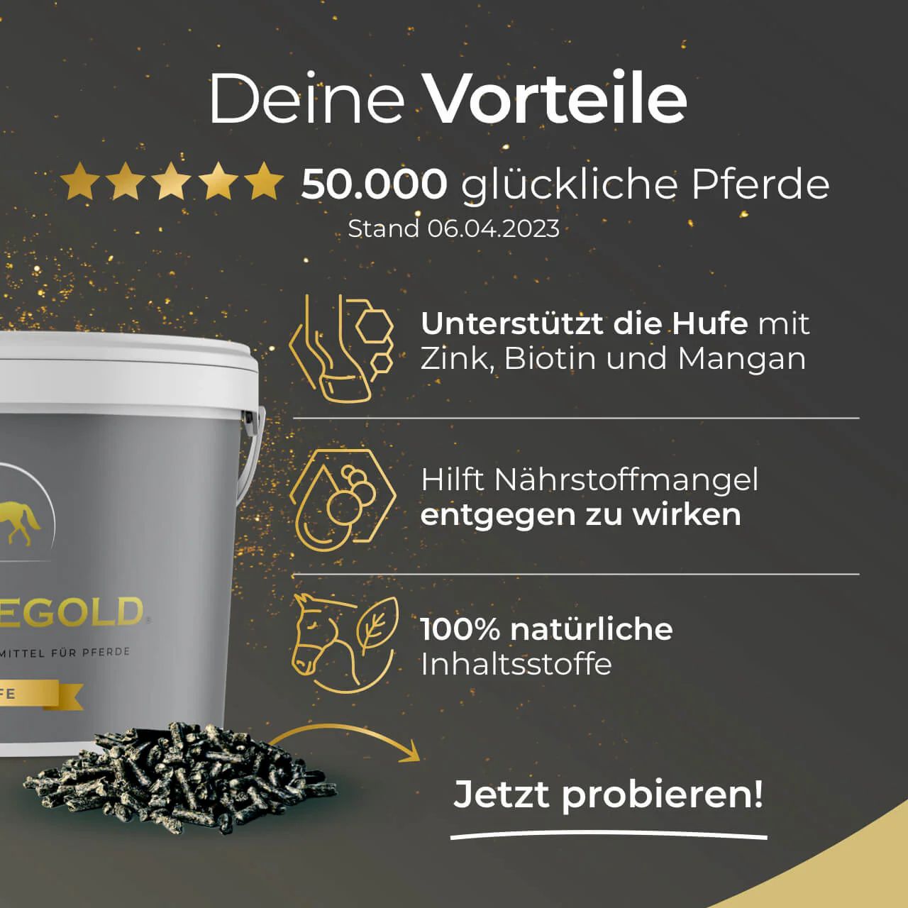 Grauer Eimer mit Pferdegold Hufe, daneben Pellets. Vorteile: Zink, Biotin, Mangan, natürliche Inhaltsstoffe.